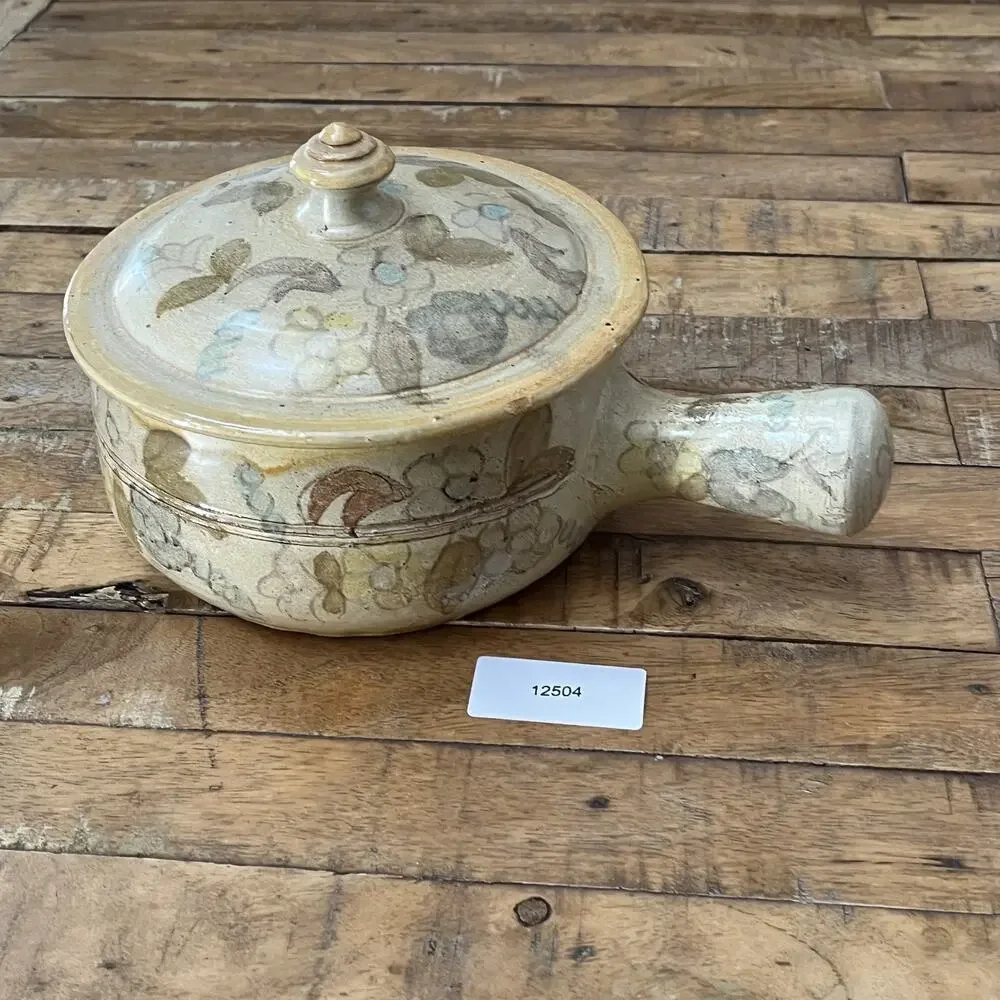 Olaria De Almancil Covered Bean Pot Crock Handle Rustic Floral Design Signed